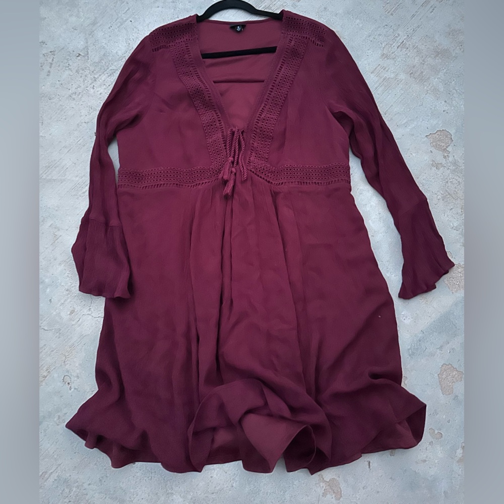Torrid Zinfandel Long Sleeve Mini Gauze Lace Up Skater Dress - Picture 3 of 6